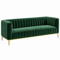 Sofa trzyosobowa 200 cm zielona welurowa ze złotymi metalowymi nogami w stylu glamour