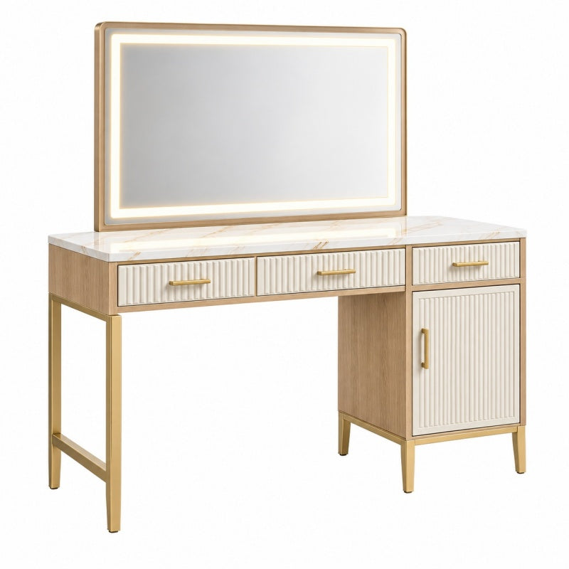 Toaletka 120 x 45 x 150 cm z lustrem LED biała ze złotymi metalowymi detalami